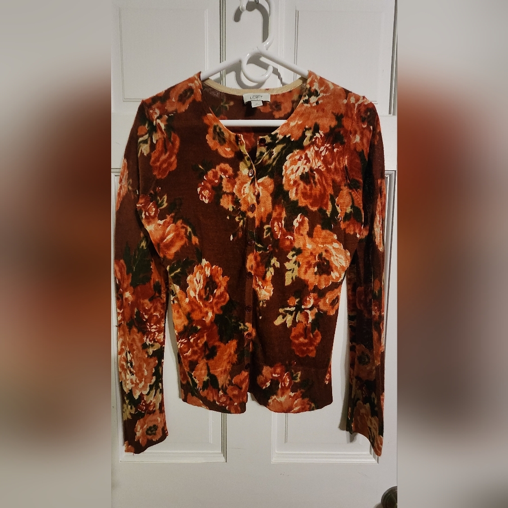 LOFT Brown Floral Cardigan with Orange and Green Accents